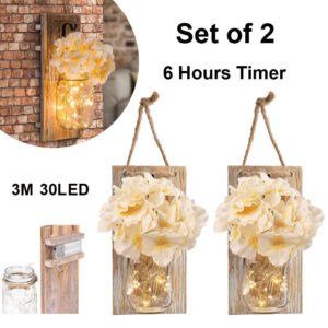 2 Pack Lighted Mason Jar Wall Sconce Fairy Lights Timer LED Country Decor